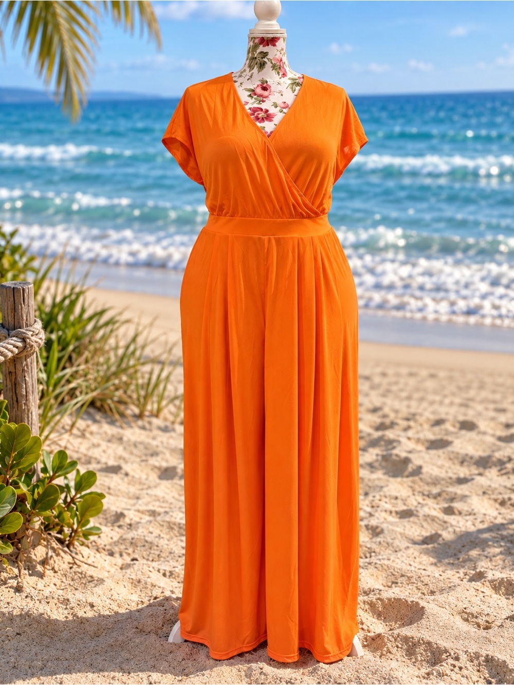 Halara Wide Leg Jumpsuit Women’s L Orange V Neck Waffle Pockets NWOT